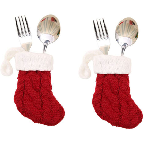 2pcs ensemble de supports d'argenterie de vaisselle de noël, bas de noël tricotés rouges, housses de couteaux et de fourchettes pour Thanksgiving, décorations de fête du nouvel an, ornements de décora (1/5)