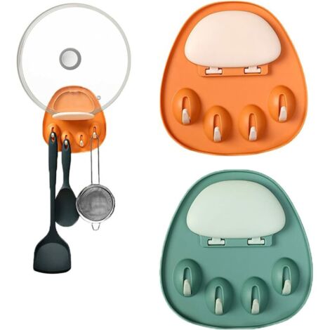 Support Mural de Couvercle Pot, 2 Pièces Support de Couvercle de Pot Auto-AdhéSif Support de Couvercle RéGlable Porte-Casseroles pour Placer Couvercles, Assiettes (Orange + Vert) (1/5)