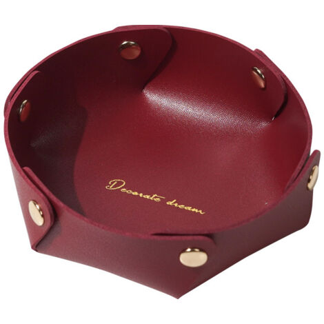 Plateau rond en cuir, plateau de rangement en cuir, plateau à bijoux en simili cuir, plateau de rangement pour pièces de monnaie pour clés, montres, fournitures de bureau, bijoux(vin rouge) (1/5)