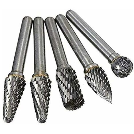 Fraises Diamant, 5 PCS 6mm Queue Tête Tungstène Carbure Double Coupe Rotary Burr Set Pour Travail du Bois Gravure Die Grinder Carving Burr Bit Set (1/4)