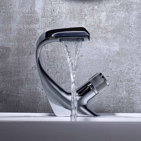 Robinet Salle De Bain, argent Moderne Robinet De Lavabo Cascade Laiton Mitigeur Lavabo, Valve En Céramique, Froid & Chaud Disponible, Mousseur Démontable-Pour Salle De Bains Et Wc (1/5)