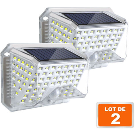 Lot De 2 Lampe Solaire Exterieur Detecteur de Mouvement IP65 Etanche Lumiere Projecteur Led Éclairage Mural d'extérieur Spot Solaire 3 Modes Luminaire pour Jardin Garage Carport Terrasse Maison Blanc