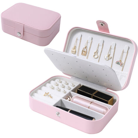 Boîte à bijoux - Boîte à bijoux de voyage portable, petit organisateur de bijoux à deux niveaux, boîte de rangement en cuir PU pour bagues, colliers, boucles d'oreilles(rose) (1/5)