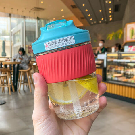 Tasse à eau avec paille, tasse en plastique, étanche, résistante à la chaleur, anti-brûlure, tasse à café(bleu clair + rouge vif petit) (1/5)