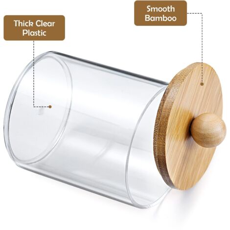 Distributeur, récipient en plastique transparent avec couvercle en bambou (pour trousse de maquillage), ensemble d'accessoires de salle de bain (pour tampons, granulés, tampons et fil dentaire). (1/5)