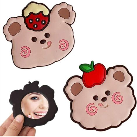 Miroir de maquillage 2 pièces,FR mini miroir de voyage rond décoratif de poche, miroir de cadre extérieur en silicone en forme d'ours de dessin animé pour femmes filles ((fraise ours + ours pomme)), E (1/5)