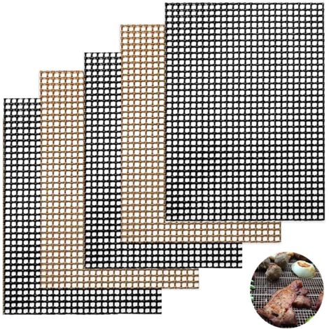 Tapis de gril, 5 grilles de tapis de gril, accessoires de gril antiadhésifs réutilisables pour la cuisson, 40 x 33 cm (noir + marron), Ensoleillé (1/5)