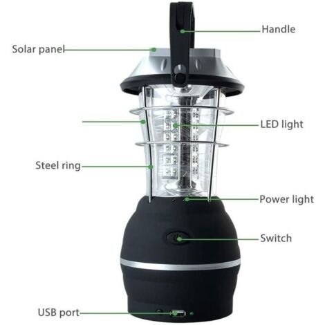 Lanterne Solaire, Lampe de Camping LED Ultra Bright, 2 Modes D'éclairage Réglable, 5 Méthodes de Charge, avec Dynamo à maniv, Longue Durée D'éclairage pour Camping Randonnée Pêche Secours (1/5)