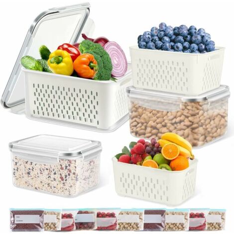 Récipients de stockage de fruits et légumes frais pour réfrigérateur – Récipients en plastique sans BPA pour réfrigérateur et 10 sacs de stockage réutilisables pour aliments, bacs de rangemen (1/5)