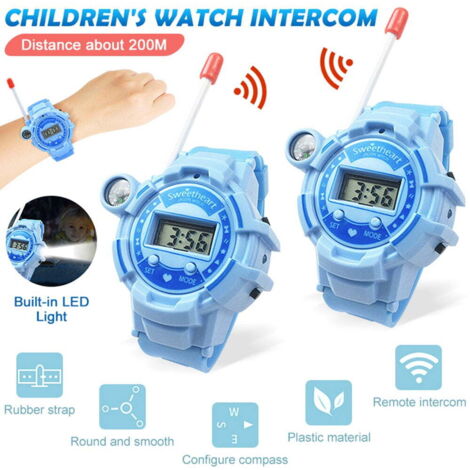 Lot de deux montres talkie-walkie pour enfants, jouet radio bidirectionnel avec lampe de poche LCD, talkie-walkie multifonctionnel pour enfants pour le camping en plein air et la randonnée (bleu)