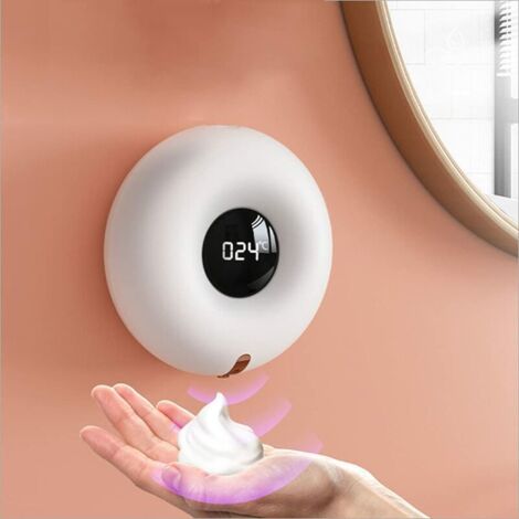 Distributeur de savon automatique USB mousse rechargeable Montage mural sans perçage NO TOUCH 300ML imperméable avec LED et capteur infrarouge, pour cuisines et douche de la salle de bain, blanc——