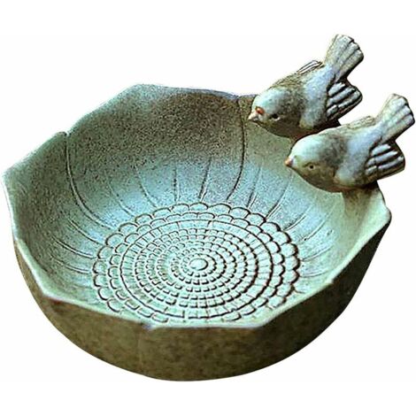 Bain d'oiseaux rond en céramique – Abreuvoir décoratif avec 2 oiseaux – 15 x 15 x 7.5 cm – Pour attirer les oiseaux sauvages en extérieur