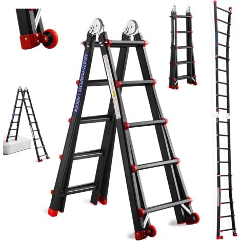 Escalera Telescópica 5.1 M de Aluminio TEENO, Escalera 5x5 Peldaños, Estructura Reforzada con Peldaños Retráctiles, Escalera Plegable con Ruedas Desmontables, Plegable Profesional Multifuncional, Negr