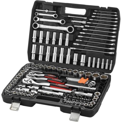TEENO Estuche de Juego de Llaves de Carril de 151 piezas con 3 Llaves de Carril Dobles, Juego de Dados y Puntas de 1/4", 3/8" y 1/2", CR-V