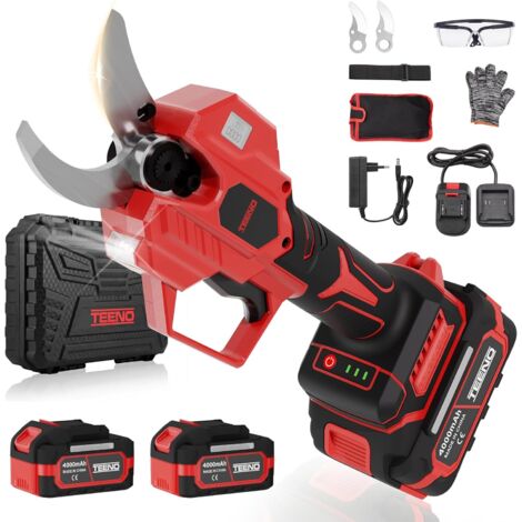 TEENO Tijeras de Podar Eléctricas, con Baterías 8000 mAh, Tijeras de Poda de 50mm Tijeras de Motor Brushless para Jardinería, Cable de extensión 1,05 m,Árboles Frutales, Viñedos