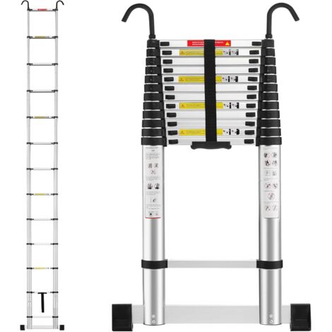 TEENO Escalera Telescópica de Aluminio Extensible 5M, Escalera Plegable Telescópica, EN131 Multiusos Portátil Extensible con Barra Estabilizadora y Ganchos Extraíbles Adecuado, Carga 150 KG