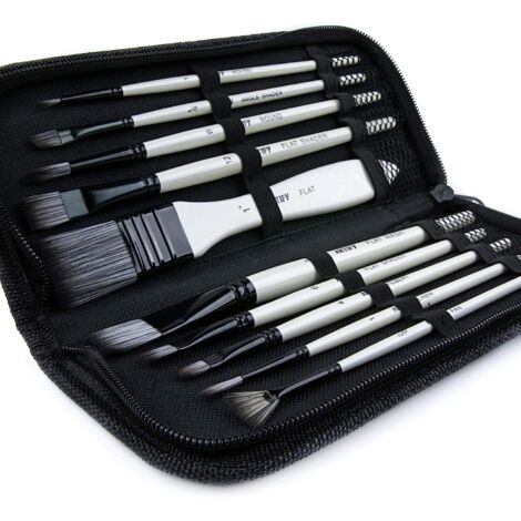 Ensemble de 10 pinceaux de peinture avec étui en tissu, manches blancs, poils nylon noir et blanc (1/5)