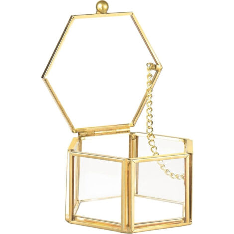 Boîte à bagues en verre avec chaîne et poignée, coffret à bijoux finition dorée (1/5)