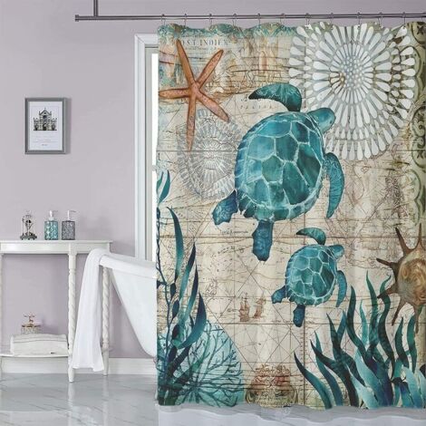 Rideau de Douche 180 x 200 cm Motif Tortue avec 12 Crochets, Rideau Imperméable en Polyester Lavable (1/5)