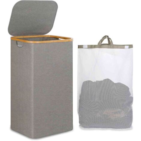 Panier à linge sale pliable en bambou avec couvercle et sac intérieur en filet,40.53365cm,Gris (1/5)
