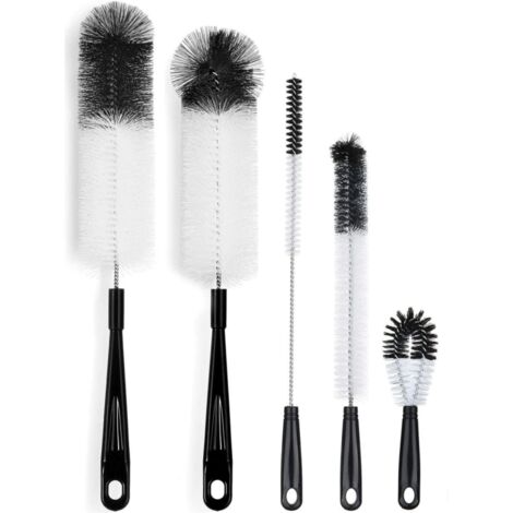 Ensemble de 5 goupillons–Brosses multifonctions–Brosses de nettoyage longues–pour bouteilles, carafes, pailles et biberons – Noir (1/5)