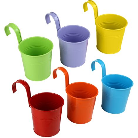 Ensemble de 6 pots de fleurs suspendus en métal–Jardinières colorées pour balcon avec poignée amovible–10 cm pour la décoration