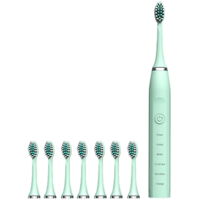 Brosse à Dents Électrique Rechargeable Verte avec 8 Têtes, 6 Modes de Nettoyage, Version Anglaise