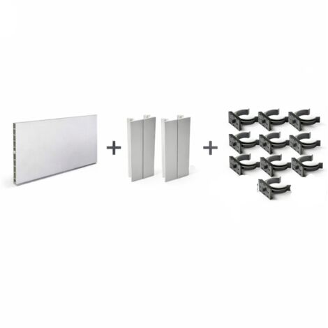 Zócalo PVC/Aluminio para Mueble de Cocina, Color Plata, 290x10 cm + 2 Esquinas Flexibles + 10 Pinzas para Patas
