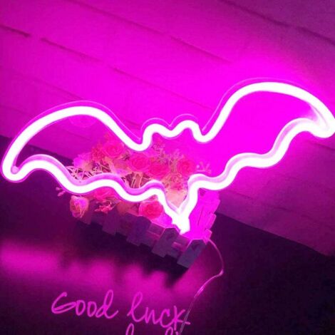 ZOLGINAH Bat Néon Enseignes Chauve souris lumineuses Décoration murale, Batterie et USB alimenté Rose Chauve souris Néons Applique murale Intérieur Luminaires pour chambre, Halloween, Éclairage de Noë (1/5)