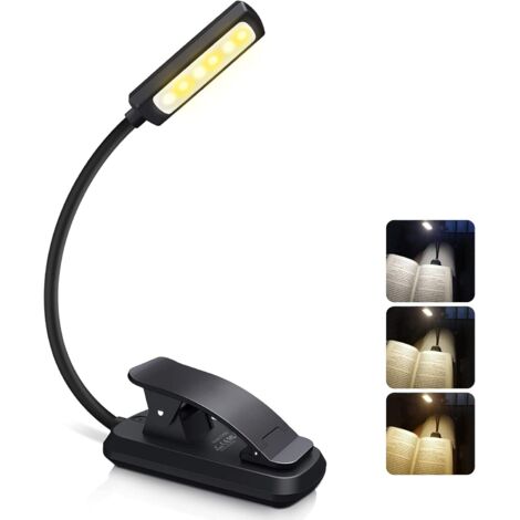 Luz de lectura LED, lámpara de lectura recargable 6 LED (blanco frío/amarillo cálido) 3 modos de brillo, luz de lectura de cuello flexible de 360° para libros en la cama, luz de libro con clip para vi