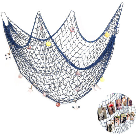 Csparkv – Filet de pêche décoratif 1.5 x 2M – Tissé à la main en coton – Coquilles colorées – Décoration murale style méditerranéen