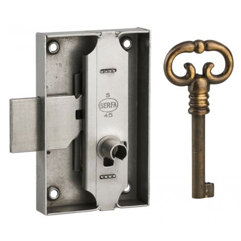 Thirard – Serrure pour meuble en acier poli 50 mm – Mécanisme 2 tours – Pose droite – Clé laitonnée vieillie incluse