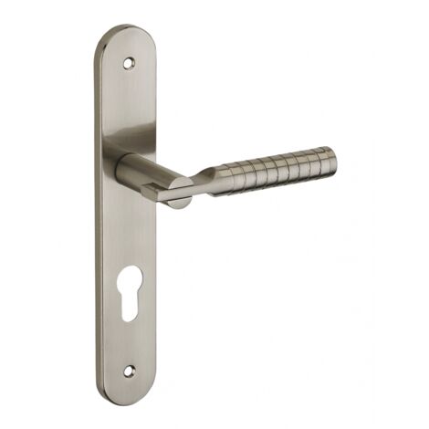 Thirard – Ensemble de poignées pour porte d'entrée Diane – Acier embouti nickelé brossé – Trou de cylindre, carré 7mm, entr'axes 195mm