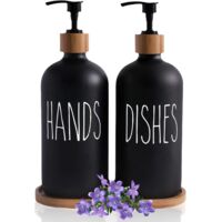 Lot de 2 distributeurs verre noir mat 500 ml + plateau, liquide vaisselle, déco style ferme