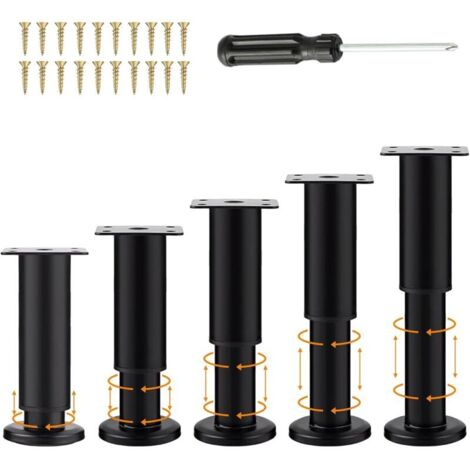 5 Pièces Pieds Meubles Noir Réglables 18-30cm, Jambe Support Canapé avec 20 Vis et 1 Tournevis, Universel Perçage sans (1/5)