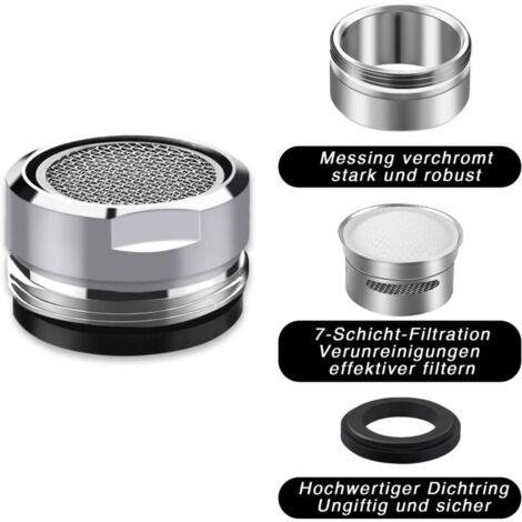 Aérateur de robinet M24, kit de 6 pièces, aérateur économe en eau avec filtre en acier inoxydable et ABS, comprenant 6 joints et 1 clé d'aérateur chromée pour robinets de salle de bain et de cuisine – (1/5)