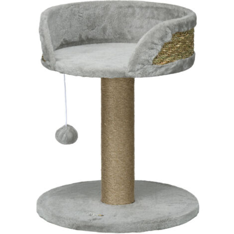 Arbre à chat, griffoir, poteau à grimper, jouet design, pompon suspendu + plateforme en peluche, 40 x 40 x 49 cm, jute, gris (1/5)
