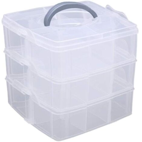Boîte de rangement en plastique transparent empilable à 3 niveaux avec poignée, capacité maximale de 18 compartiments (1/5)