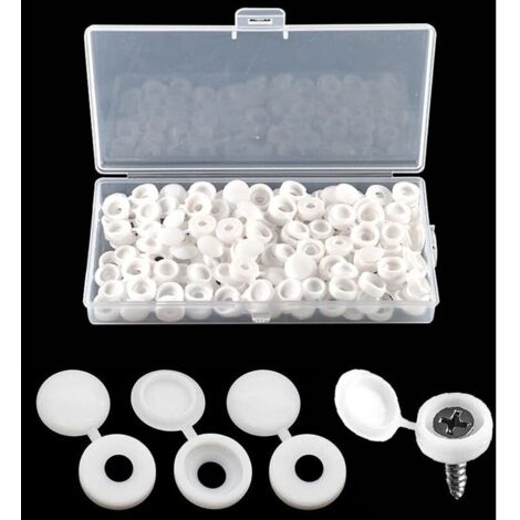 100 Pièces Bouchon à Vis en Plastique, Cache Vis à Charnière pour les Vis Nombre 6/8, avec Boîte de Rangement, Couvercles à Bouton-Pression à Vis pour Meubles, Placards, Étagères, Blanc (1/4)