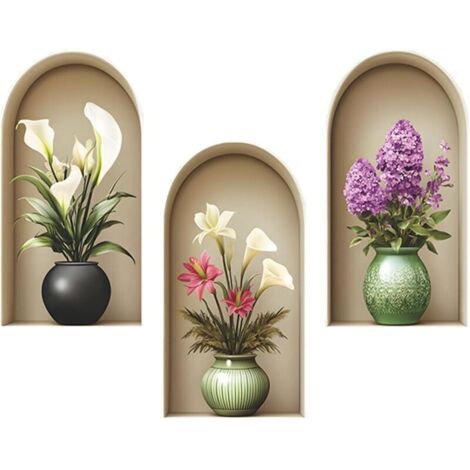 3 pièces 21x39 cm Motifs de plantes et vases à fleurs Autocollants muraux en pot à fleurs Décoration murale autocollante 3D Feuilles vertes Tableau mural moderne Salon Bureau Hôtel Cuisine (1/5)
