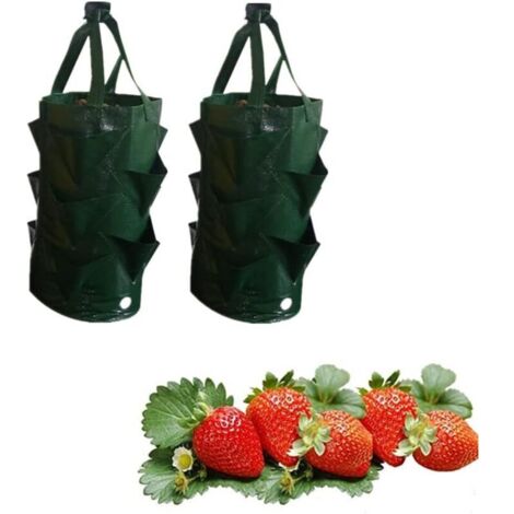 2 PCS Sac Plantation Fraise (Vert),Plantes Sac de Croissance,Sacs de Culture à Fraises Suspendu Jardin avec 8 Trous,pour Fraise,Pomme de Terre,Tomate,Fleurégumes,3 Gallons (1/5)