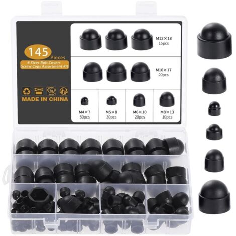 145 Pièces Cache Ecrou, M4 M5 M6 M8 M10 M12 Cache Boulon Noir Bouchon Ecrou Cache Tete de Vis Capuchon Ecrou, Hexagonal Protection Cache pour Écrous Vis Boulons (1/5)