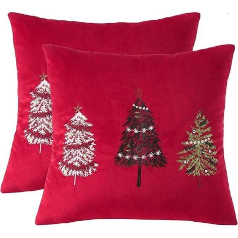 Lot de 2 Taies d'oreiller de Noël en Velours 45x45cm Arbre de Noël Rouge Doux Décoration de Fête Housse de Coussin pour Lit Salon Chambres Canapé Maison Party (1/5)