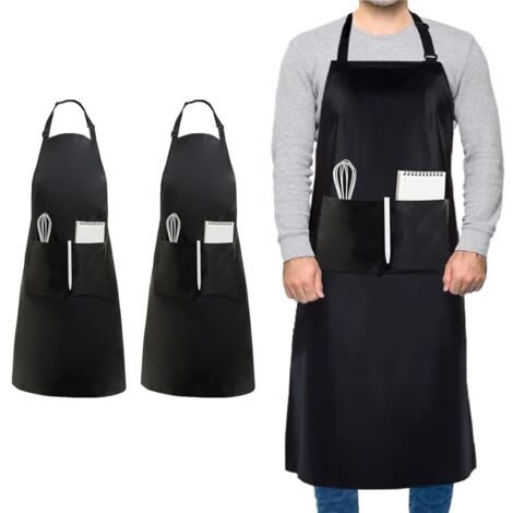 CSPARKV 2 Pcs Plus Taille Tablier de Chef, Unisexe Noir Tablier, Imperméable Tablier avec 2 Poches pour Cuisiner, BBQ, Travail, Professionnel Tablier pour Serveur Artiste Coiffeur (Grande Taille) (1/4)