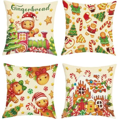 Housse Coussin 45x45 Lot de 4 Pain d'épices Noël Taie d'oreiller Bonbons Train Renne Arbre de Noël Bonhomme de Neige Housse d'oreiller pour Coussins Canapé Housses Home Décor (1/5)