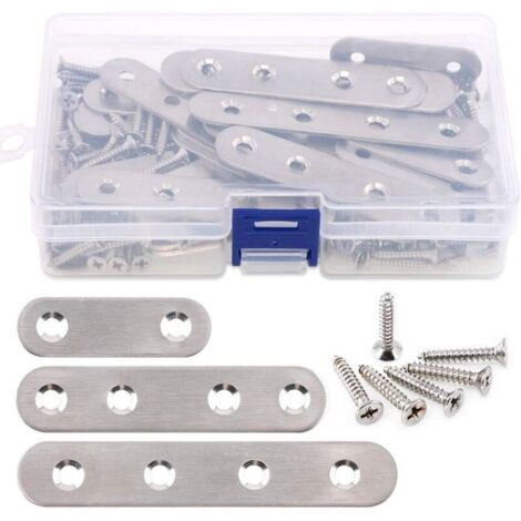 Lot de 35 supports droits plats en acier inoxydable de 3,7 cm, 5,7 cm, 9,7 cm, pour réparation de plaques de jonction et 80 vis, 115 pièces au total - Argenté (1/5)