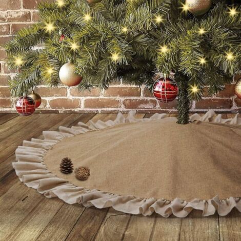 Jupe de sapin de Noël en toile de jute de 122 cm, grande jupe de sapin d'automne avec bordure à volants, décorations de Noël rustiques, tapis de sapin en lin marron pour l'automne (1/5)