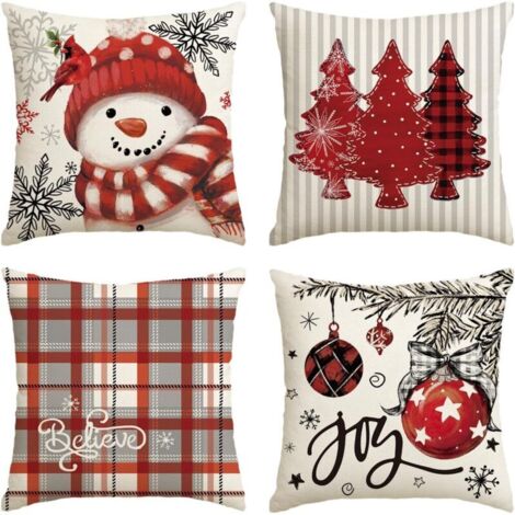 Lot de 4 housses de coussin décoratives pour canapé, 40 x 40 cm, rouge, bonhomme de neige, arbres, boules, buffle, rayures (1/5)