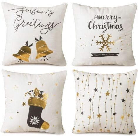 Housse de Coussin 45x45 cm, Lot de 4 Housses de Coussin Décoratif en Polyester Flocon de Neige Sonnerie Chaussette Noël Taie d'oreiller Carrée pour Canapé Maison Salon Chambre à Coucher (1/3)