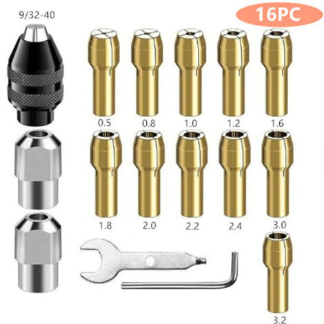 CSPARKV 16 Pièces Mandrin Compatible avec, Accessoires pour Outil Rotatif, 0,8mm à 3,2mm Remplacement 4486 Mandrin à Changement Rapide, Remplacement 4485 Pince de serrage en laiton Écrou metal (1/5)